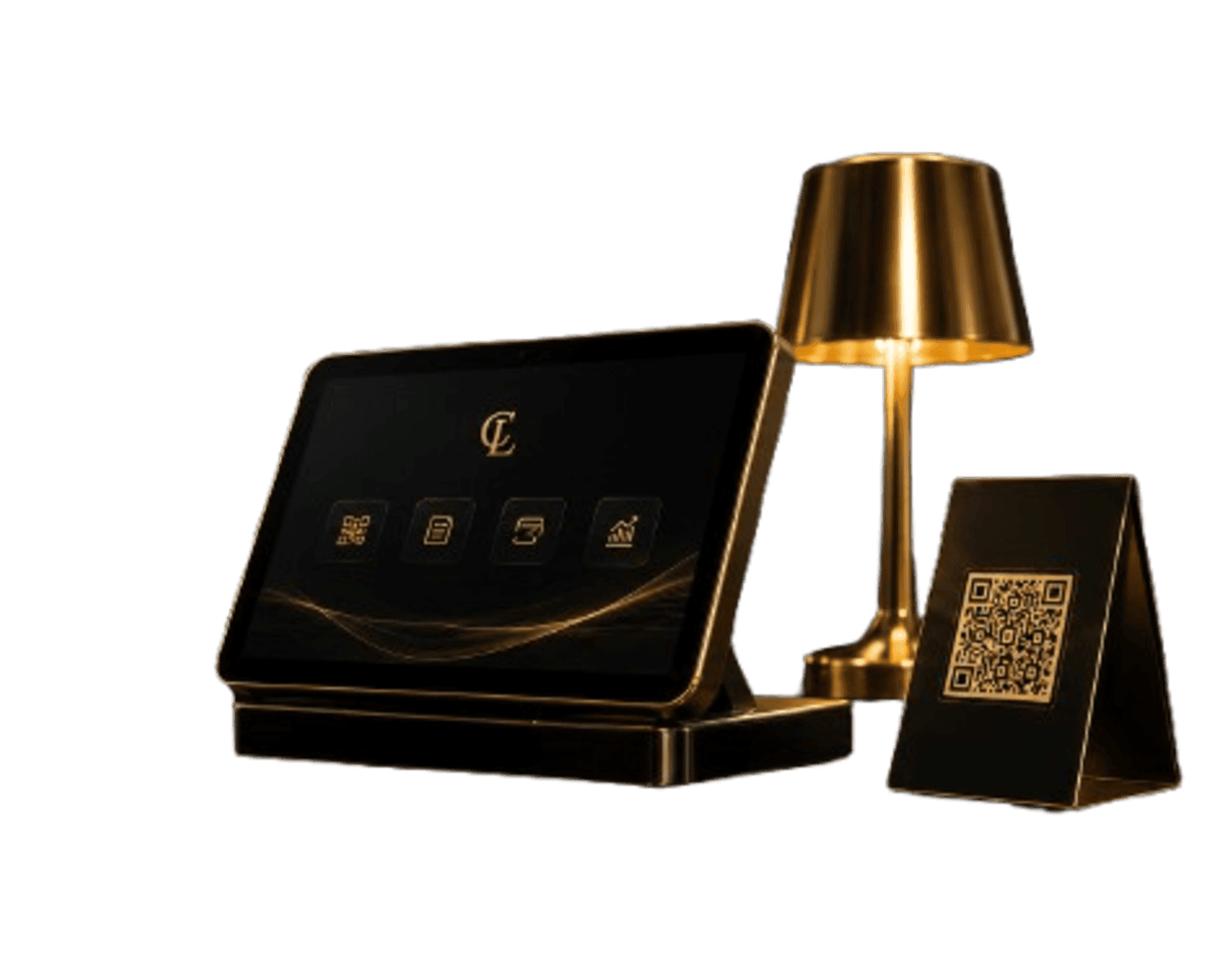 CafeLuxe premium POS, QR stand and lamp product scene